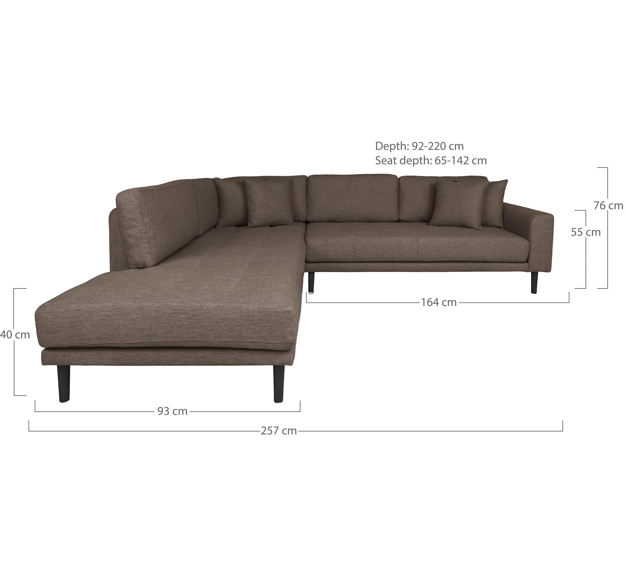 Lido – Ecksofa mit offenem Ende, linksbündig, schwarze Holzbeine, 92–220 × 257 × 76 cm